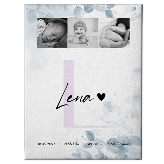 Leinwand Personalisiert zur Geburt Baby 5 Fotos Geburtsdaten Black White 1
