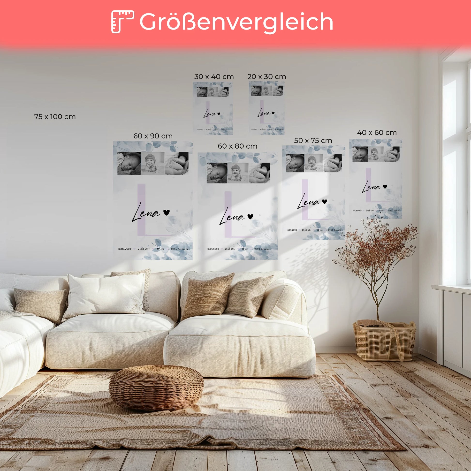 Leinwand Personalisiert zur Geburt Baby 5 Fotos Geburtsdaten Black White 6