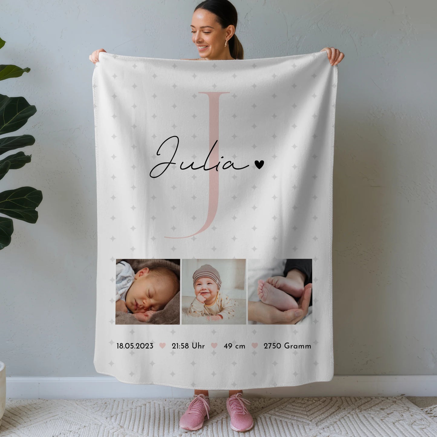 Krabbeldecke Mit Namen zur Geburt Baby Fotocollage Geburtsdaten Sternchen Muster 1