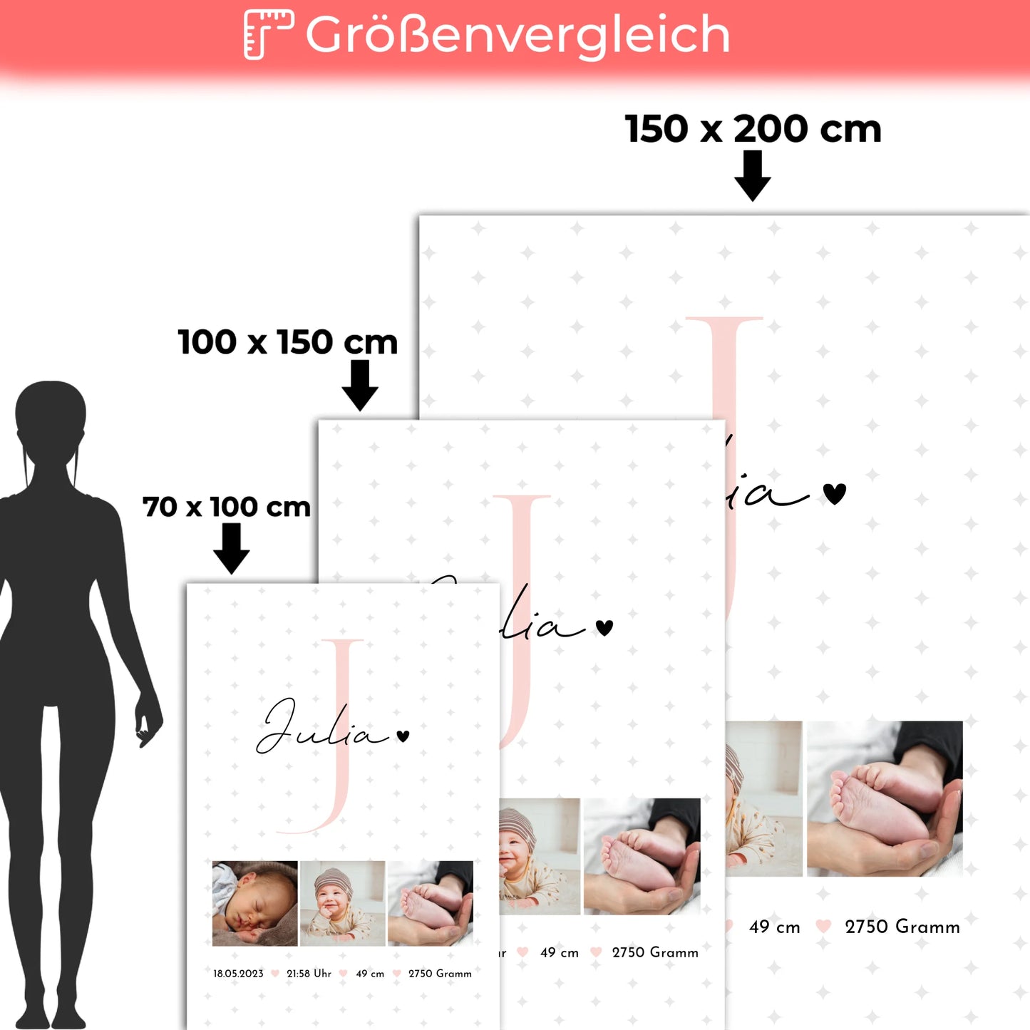 Krabbeldecke Mit Namen zur Geburt Baby Fotocollage Geburtsdaten Sternchen Muster 5