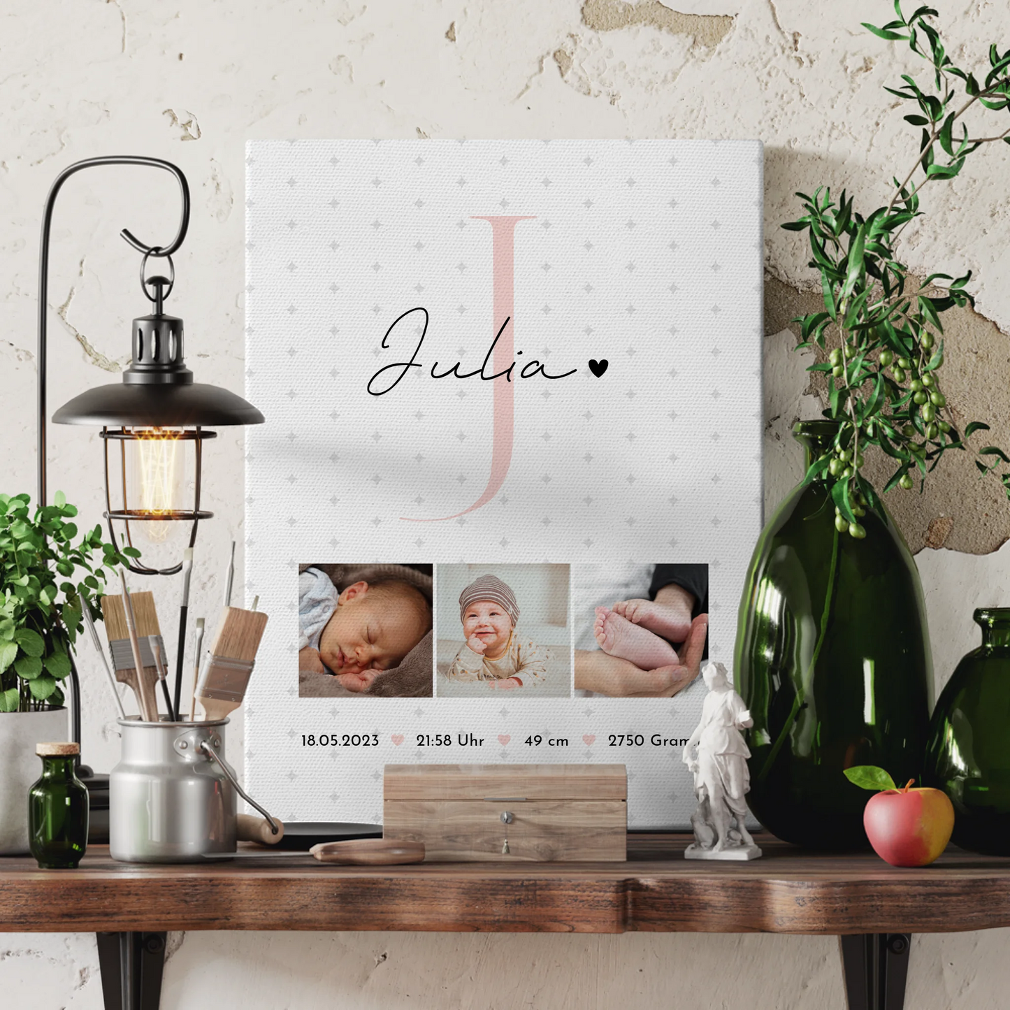 Fotocollage Großes Bild Aus Vielen Kleinen zur Geburt Baby mit Geburtsdaten und Sternchen Muster 3