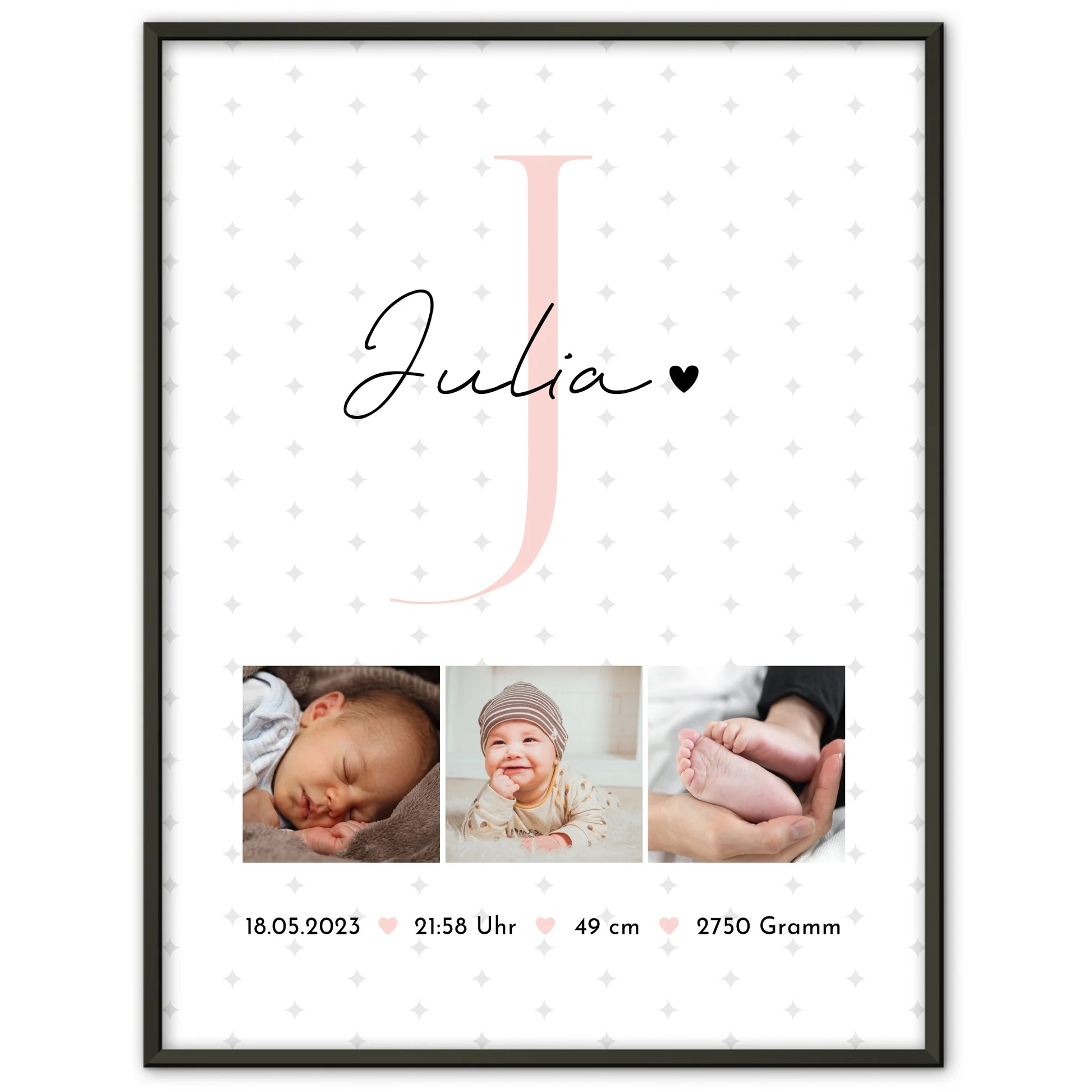 Geburtsdaten Poster zur Geburt Baby Fotocollage mit Geburtsdaten und Sternchen Muster 1