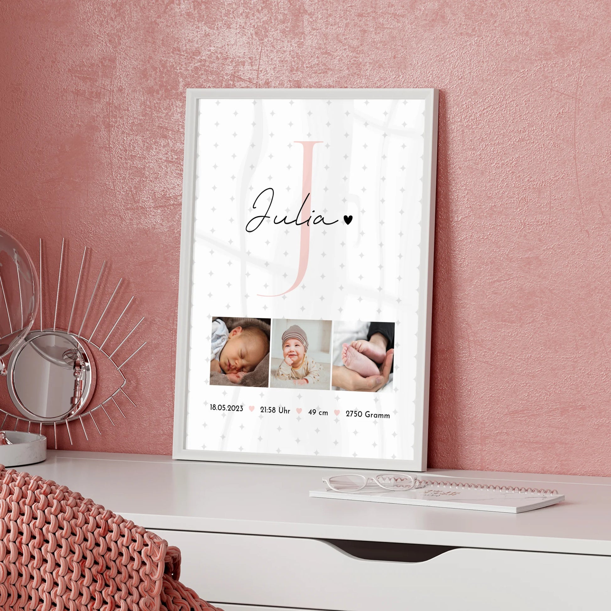 Geburtsdaten Poster zur Geburt Baby Fotocollage mit Geburtsdaten und Sternchen Muster 5