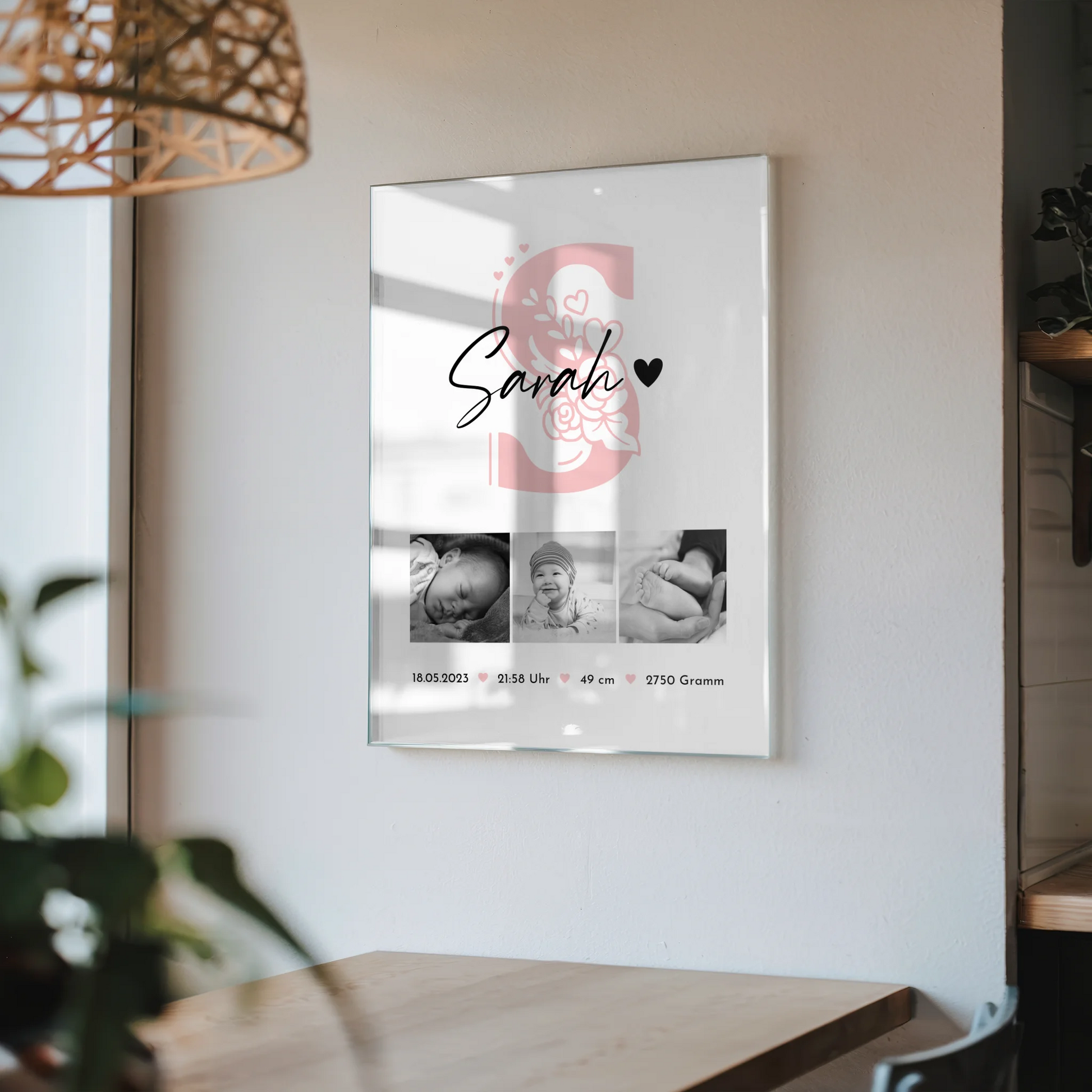 Foto Acrylglas zur Geburt Baby Fotocollage mit Geburtsdaten Initial Black and White 4