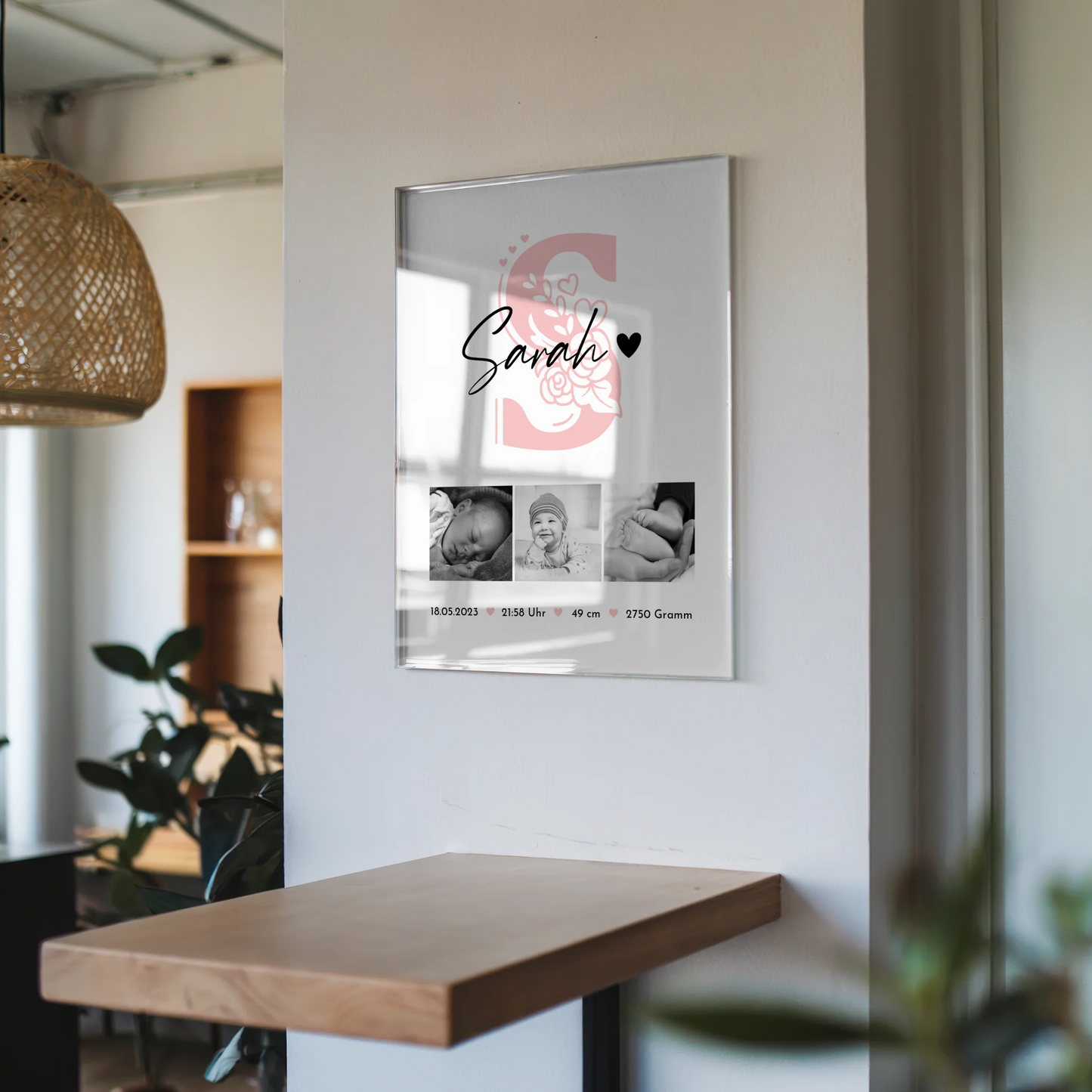 Foto Acrylglas zur Geburt Baby Fotocollage mit Geburtsdaten Initial Black and White 6