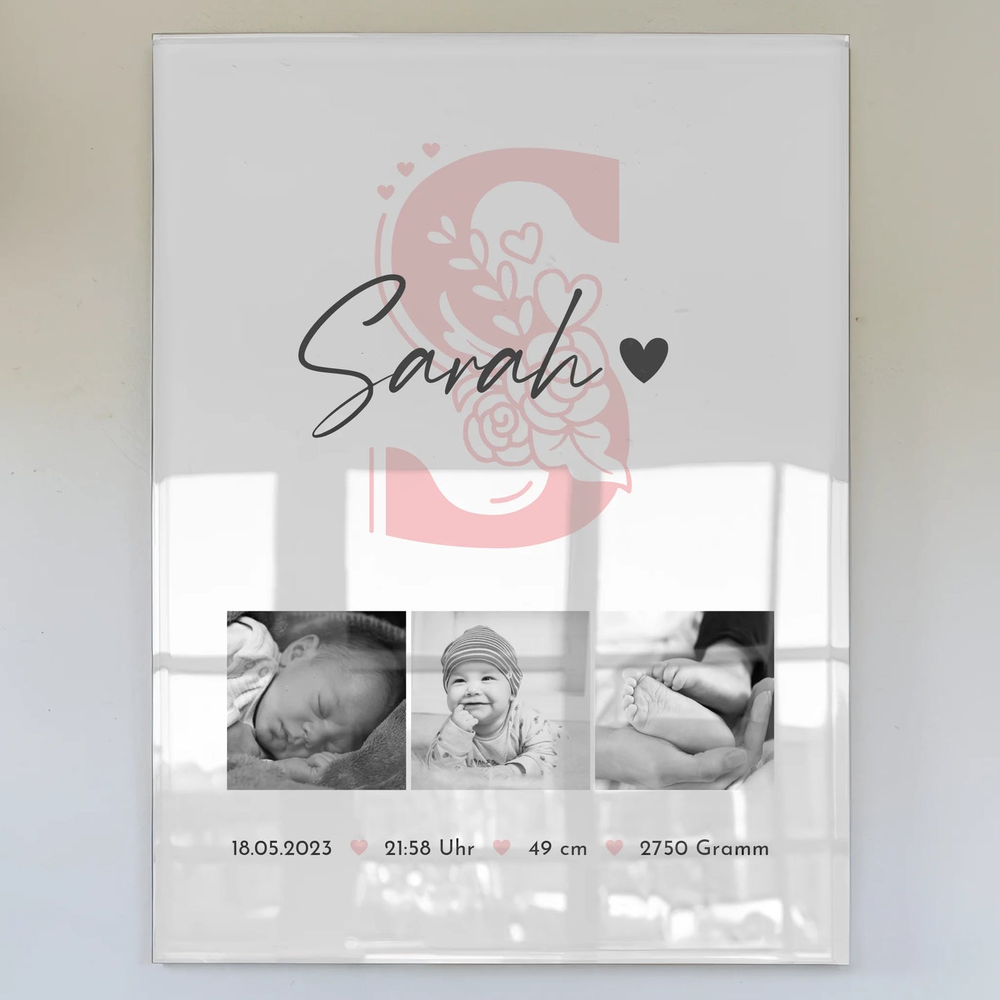 Foto Acrylglas zur Geburt Baby Fotocollage mit Geburtsdaten Initial Black and White 1