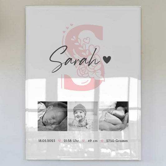 Foto Acrylglas zur Geburt Baby Fotocollage mit Geburtsdaten Initial Black and White 1