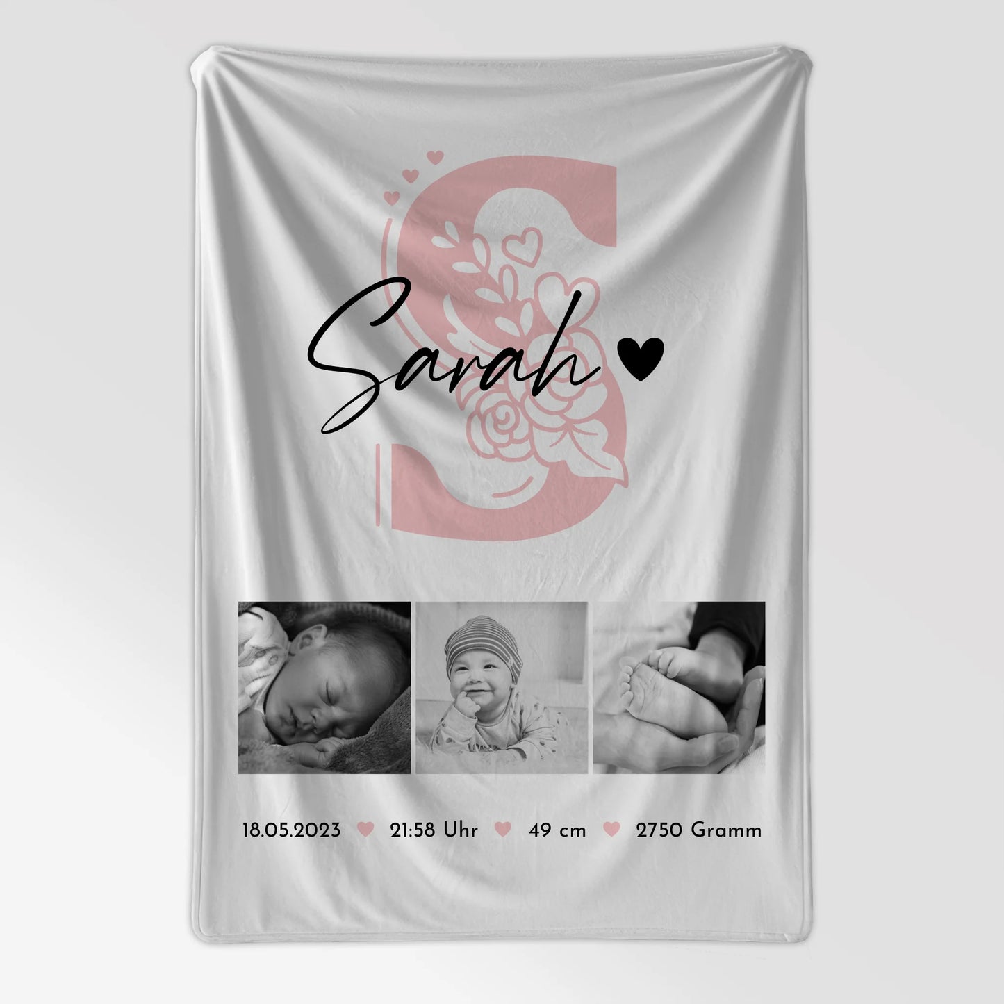 Babydecke zur Geburt mit Namen - Fotocollage, Geburtsdaten & Initiale (Black & White) 7