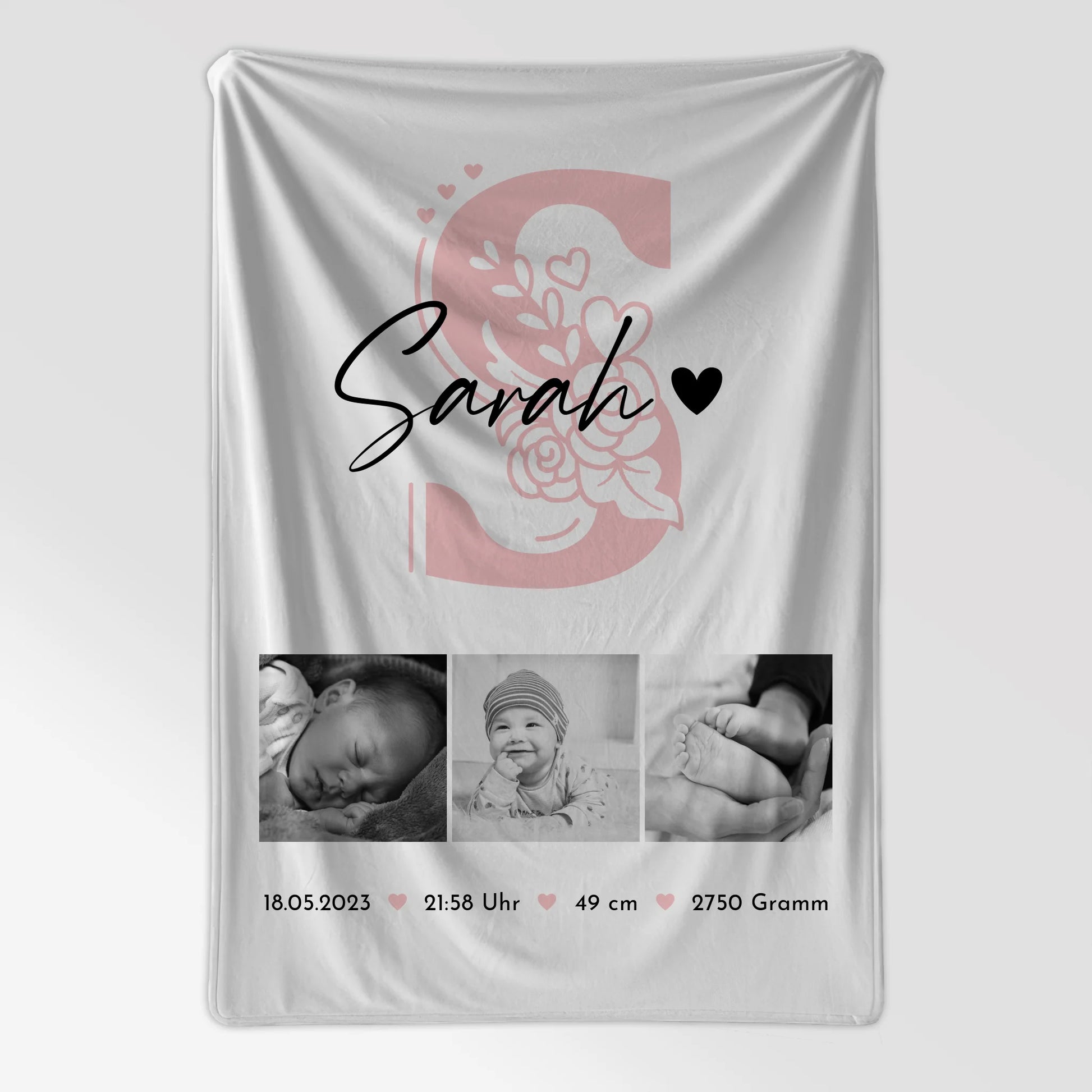 Babydecke zur Geburt mit Namen - Fotocollage, Geburtsdaten & Initiale (Black & White) 7