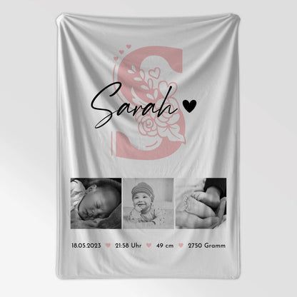 Babydecke zur Geburt mit Namen - Fotocollage, Geburtsdaten & Initiale (Black & White) 7