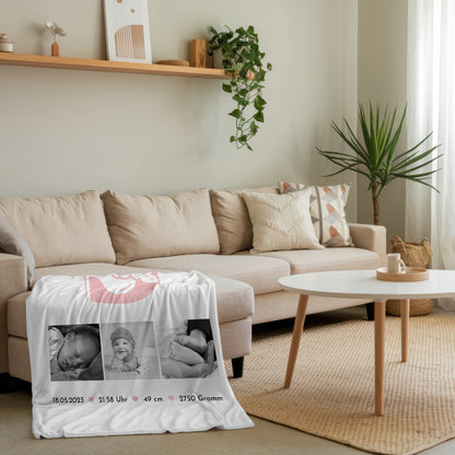 Babydecke zur Geburt mit Namen - Fotocollage, Geburtsdaten & Initiale (Black & White) 4