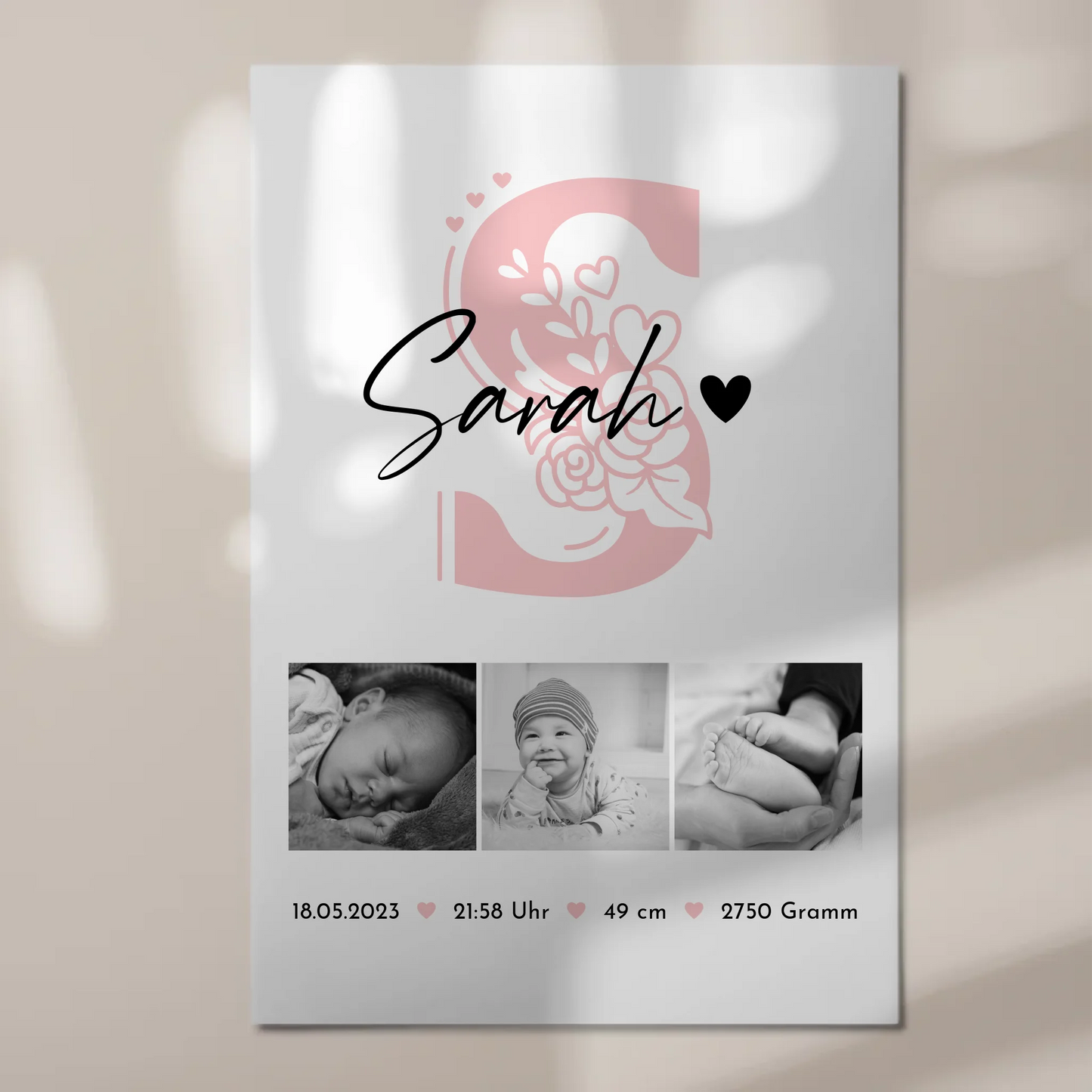 Fotoboard Poster Magnetisch zur Geburt Baby Fotocollage mit Geburtsdaten Initial Black White 1