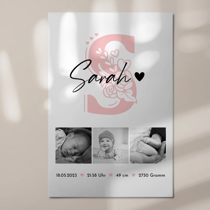 Fotoboard Poster Magnetisch zur Geburt Baby Fotocollage mit Geburtsdaten Initial Black White 1