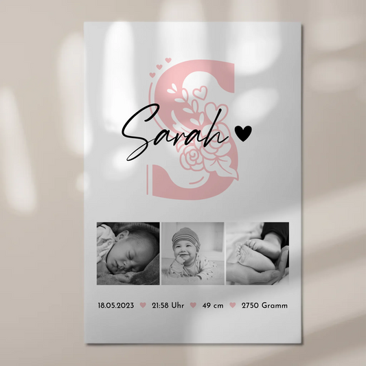 Fotoboard Poster Magnetisch zur Geburt Baby Fotocollage mit Geburtsdaten Initial Black White 1