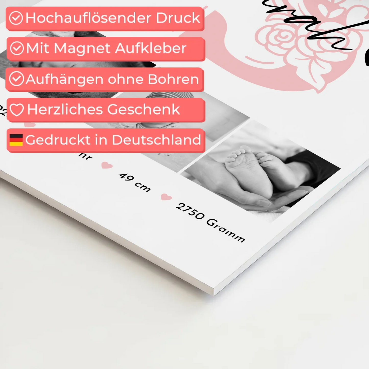 Fotoboard Poster Magnetisch zur Geburt Baby Fotocollage mit Geburtsdaten Initial Black White 4