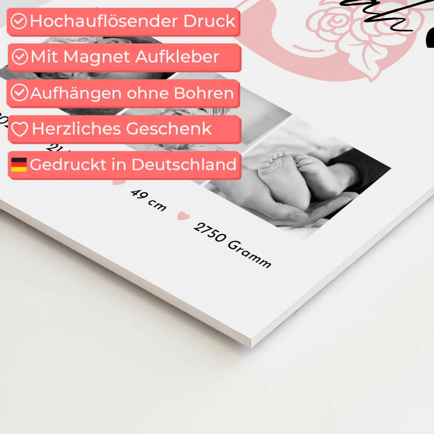 Fotoboard Poster Magnetisch zur Geburt Baby Fotocollage mit Geburtsdaten Initial Black White 10