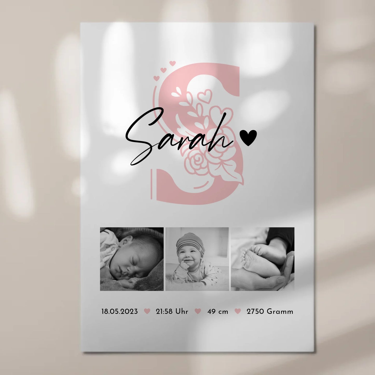 Fotoboard Poster Magnetisch zur Geburt Baby Fotocollage mit Geburtsdaten Initial Black White 7