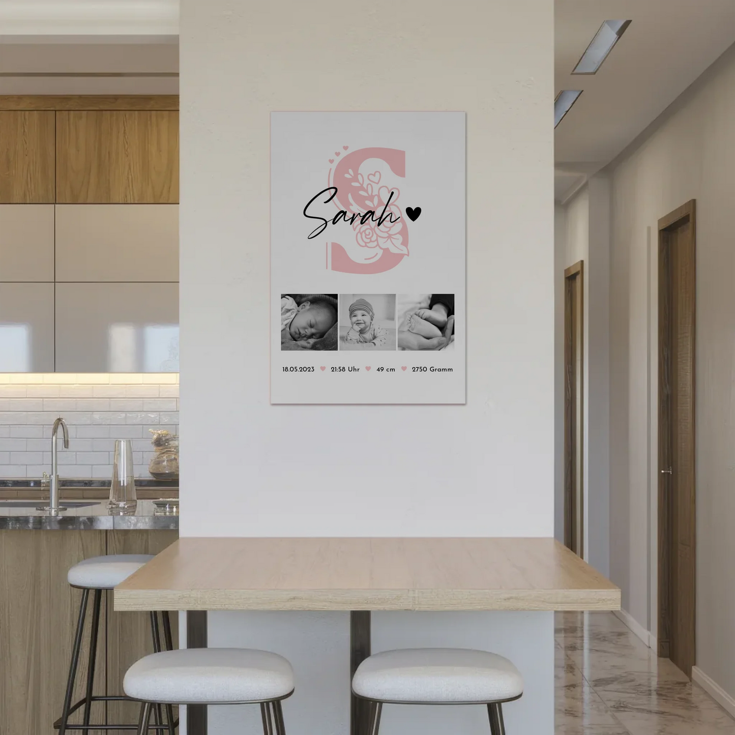 Fotoboard Poster Magnetisch zur Geburt Baby Fotocollage mit Geburtsdaten Initial Black White