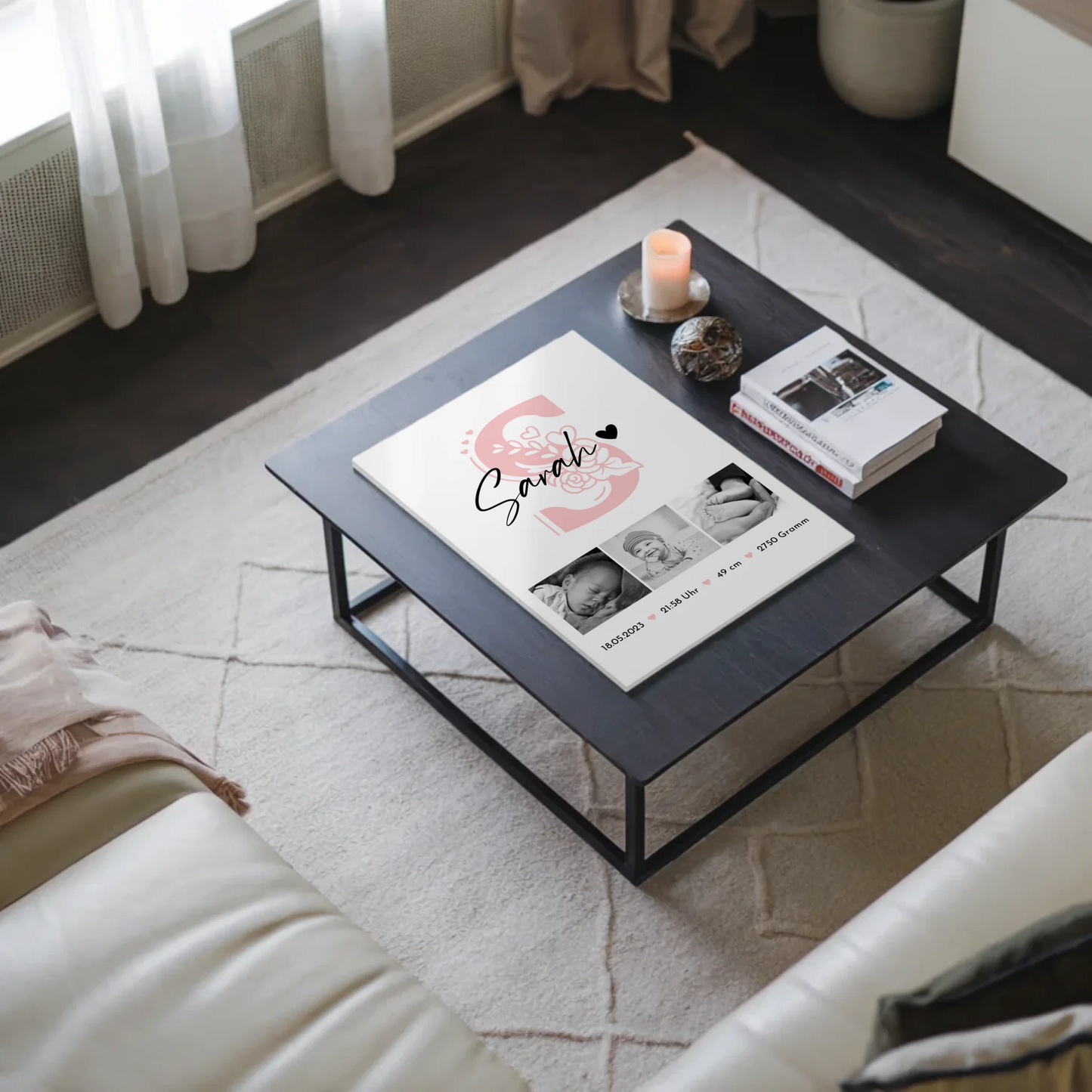 Fotoboard Poster Magnetisch zur Geburt Baby Fotocollage mit Geburtsdaten Initial Black White