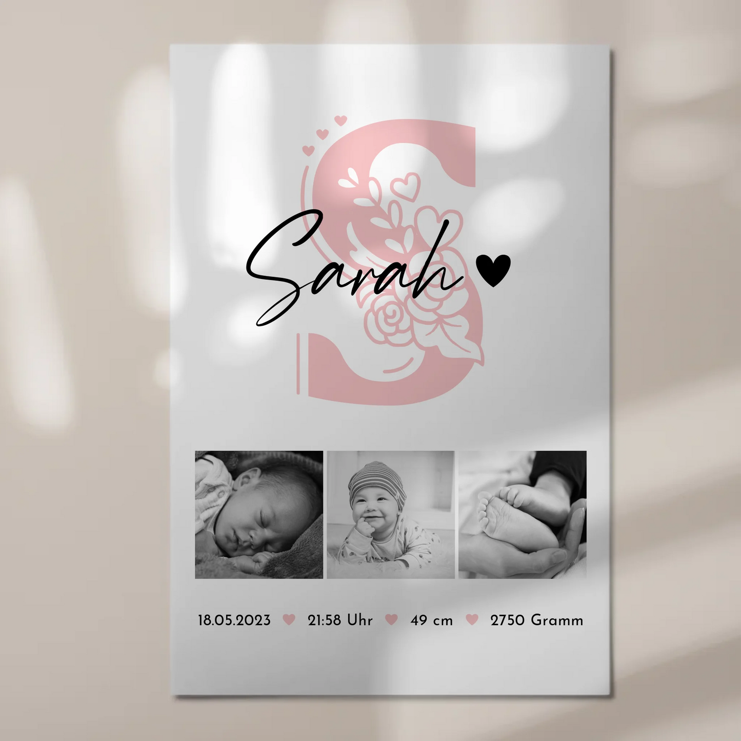 Fotoboard Poster Magnetisch zur Geburt Baby Fotocollage mit Geburtsdaten Initial Black White