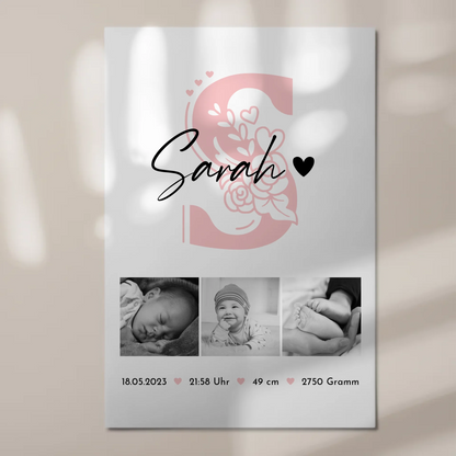 Fotoboard Poster Magnetisch zur Geburt Baby Fotocollage mit Geburtsdaten Initial Black White