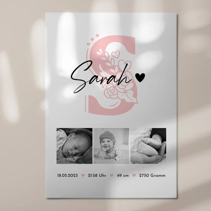 Fotoboard Poster Magnetisch zur Geburt Baby Fotocollage mit Geburtsdaten Initial Black White