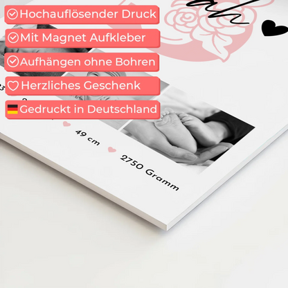Fotoboard Poster Magnetisch zur Geburt Baby Fotocollage mit Geburtsdaten Initial Black White