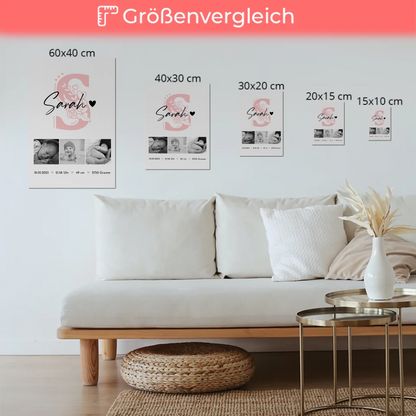 Fotoboard Poster Magnetisch zur Geburt Baby Fotocollage mit Geburtsdaten Initial Black White