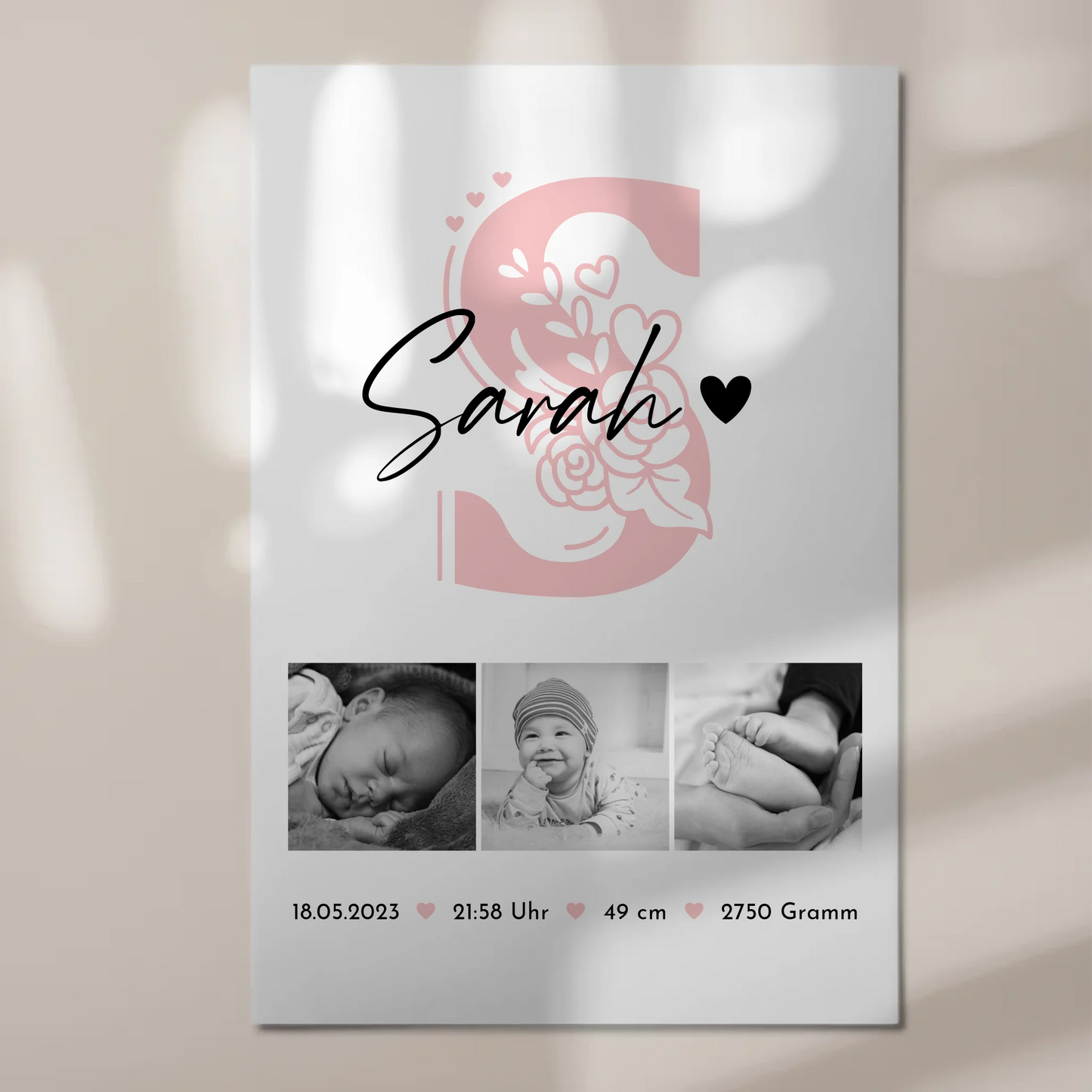 Fotoboard Poster Magnetisch zur Geburt Baby Fotocollage mit Geburtsdaten Initial Black White