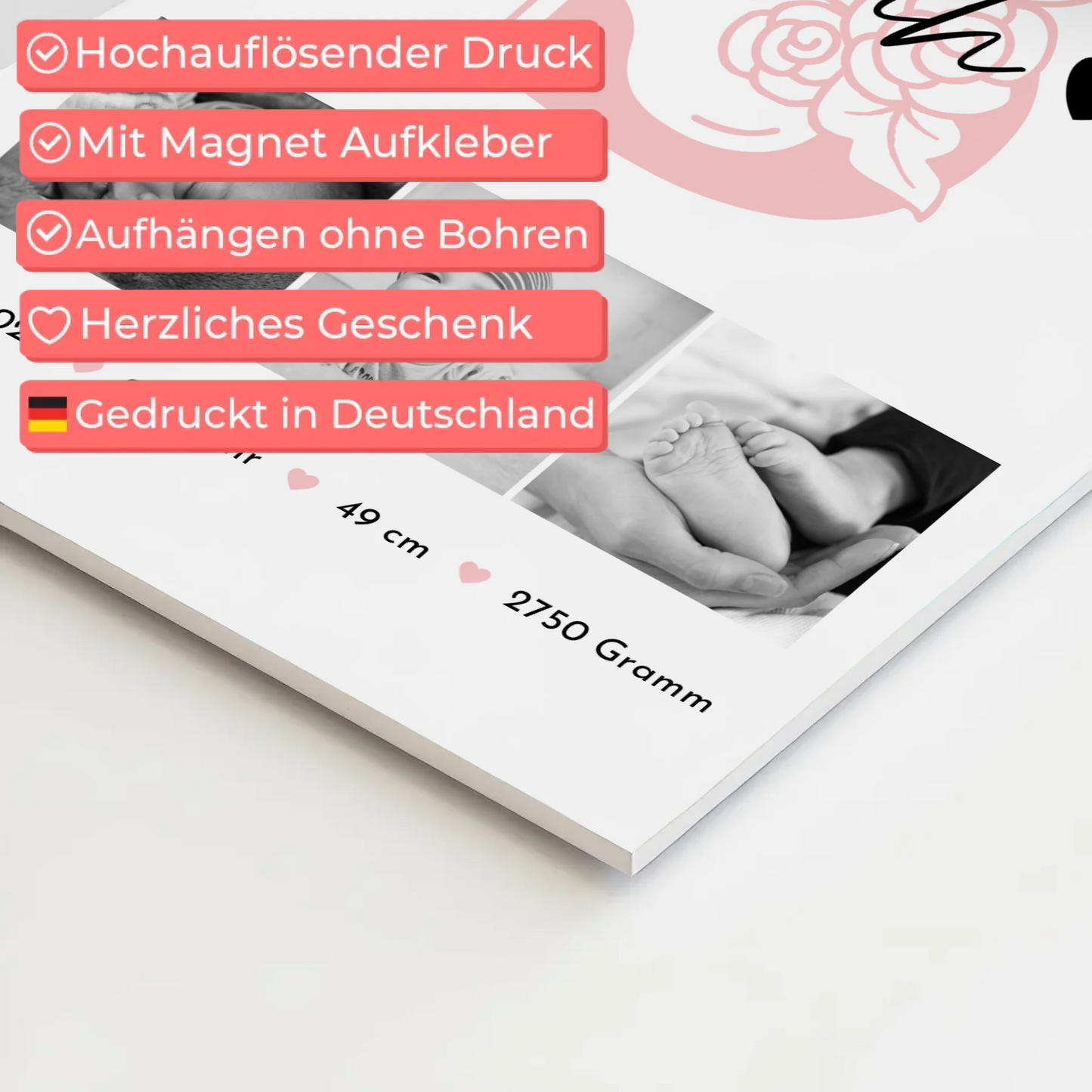 Fotoboard Poster Magnetisch zur Geburt Baby Fotocollage mit Geburtsdaten Initial Black White