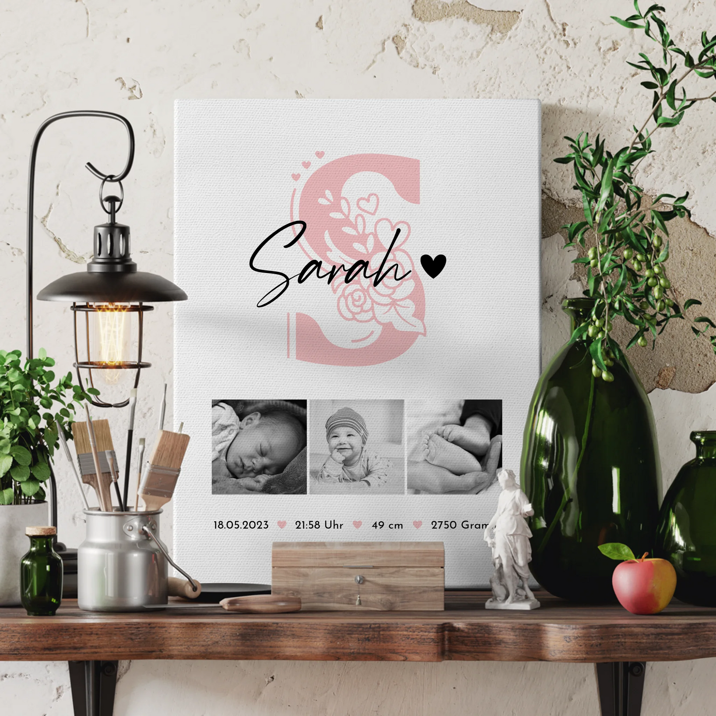 Leinwand Bild zur Geburt Baby Fotocollage mit Geburtsdaten Initial Black and White Design 3