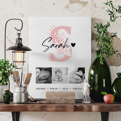 Leinwand Bild zur Geburt Baby Fotocollage mit Geburtsdaten Initial Black and White Design 3
