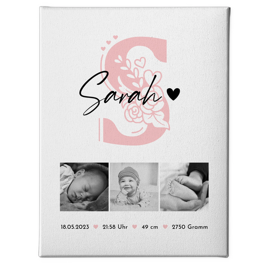 Leinwand Bild zur Geburt Baby Fotocollage mit Geburtsdaten Initial Black and White Design 1
