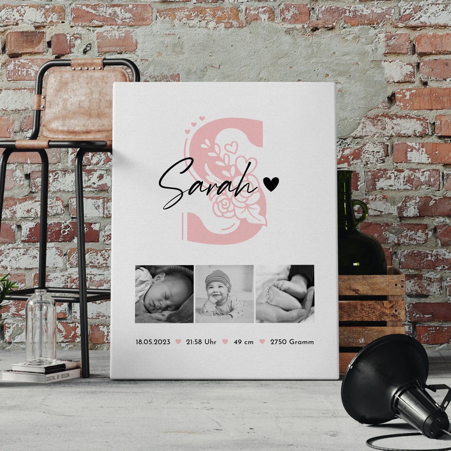 Leinwand Bild zur Geburt Baby Fotocollage mit Geburtsdaten Initial Black and White Design 4