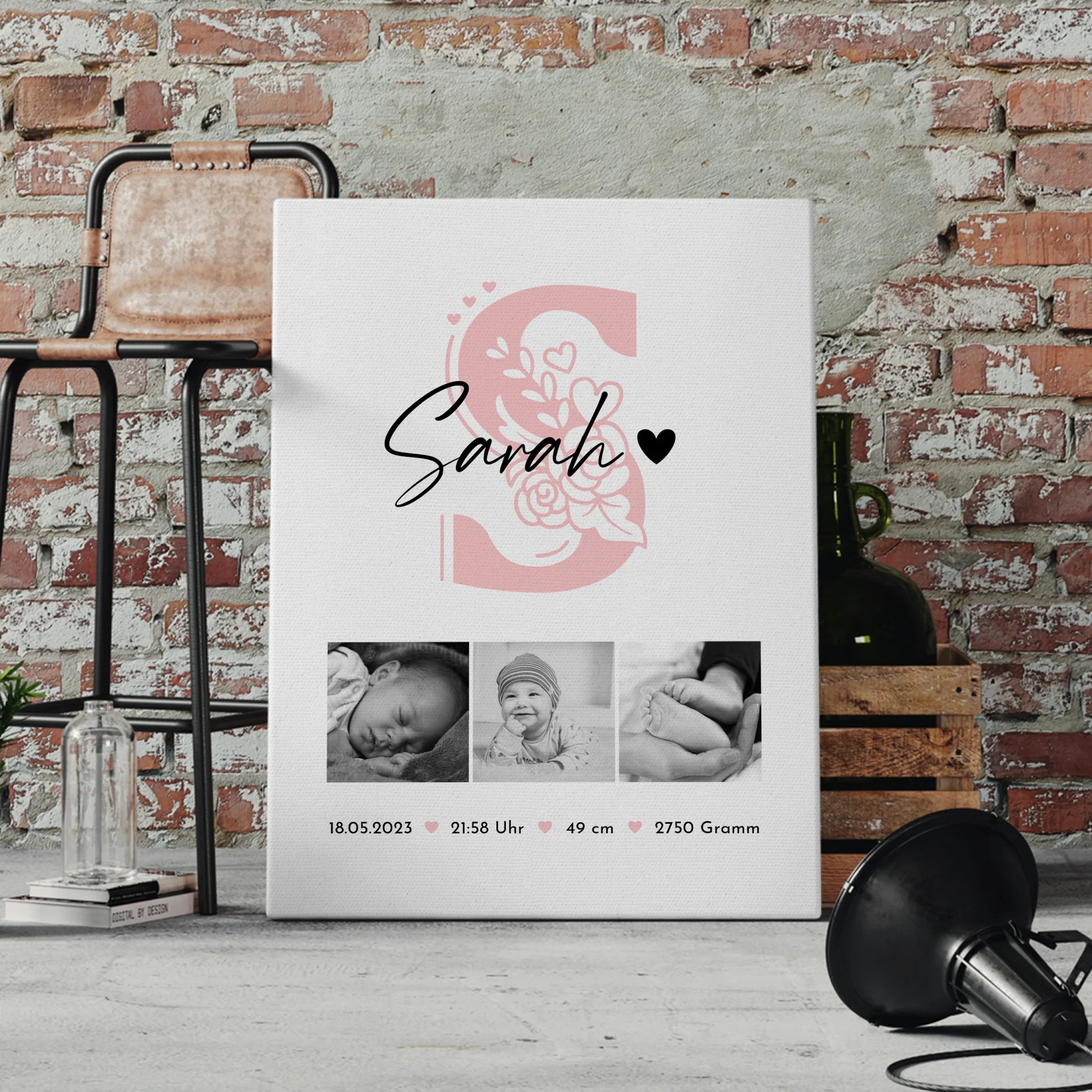 Leinwand Bild zur Geburt Baby Fotocollage mit Geburtsdaten Initial Black and White Design 4