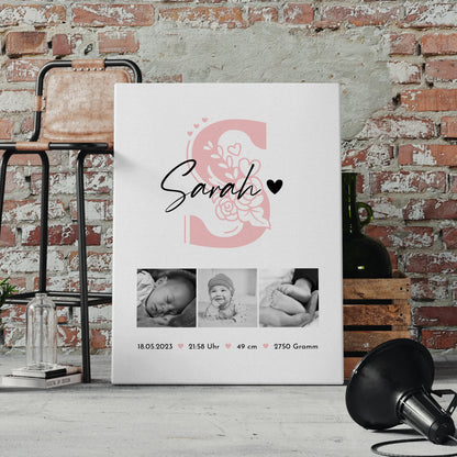 Leinwand Bild zur Geburt Baby Fotocollage mit Geburtsdaten Initial Black and White Design 4