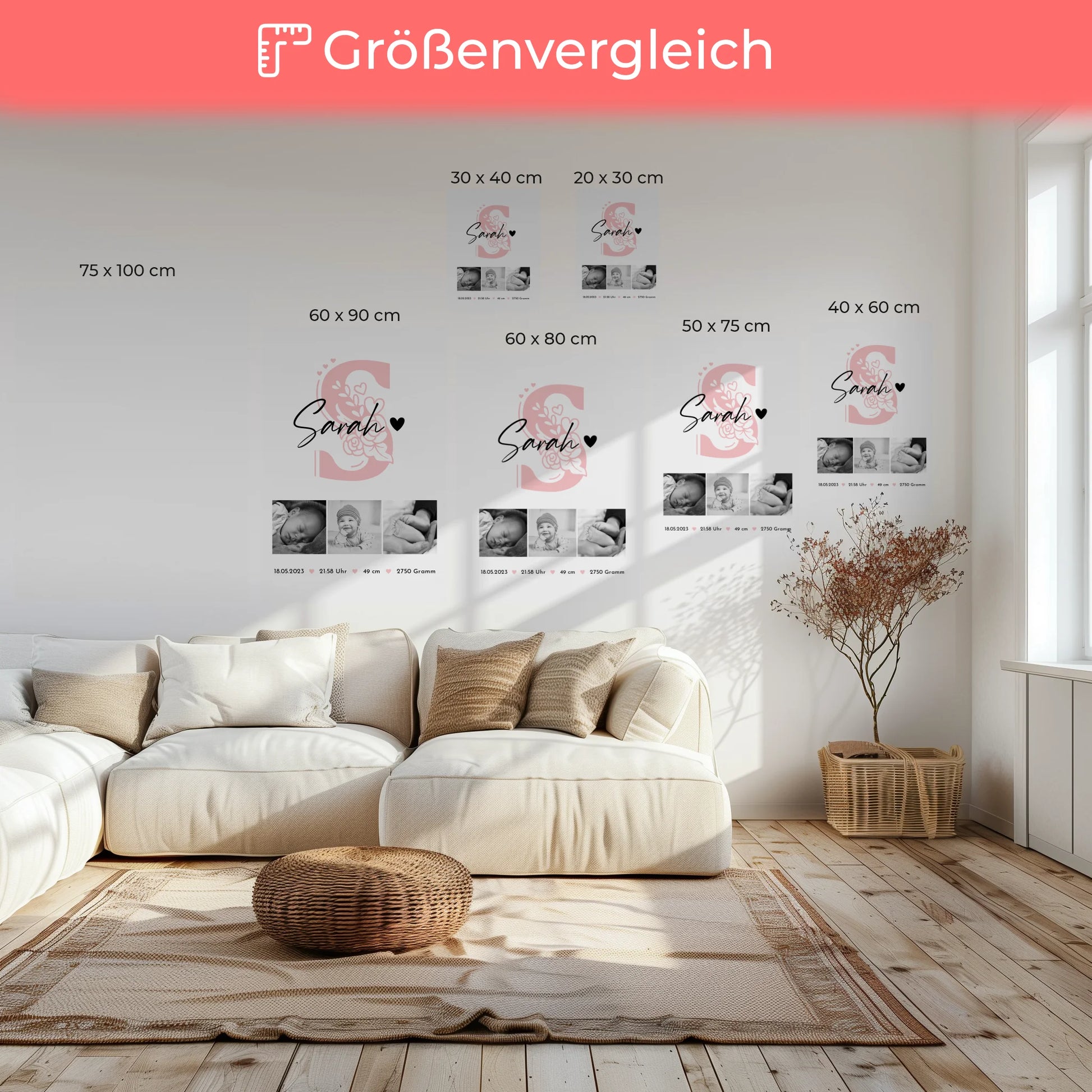 Leinwand Bild zur Geburt Baby Fotocollage mit Geburtsdaten Initial Black and White Design 6