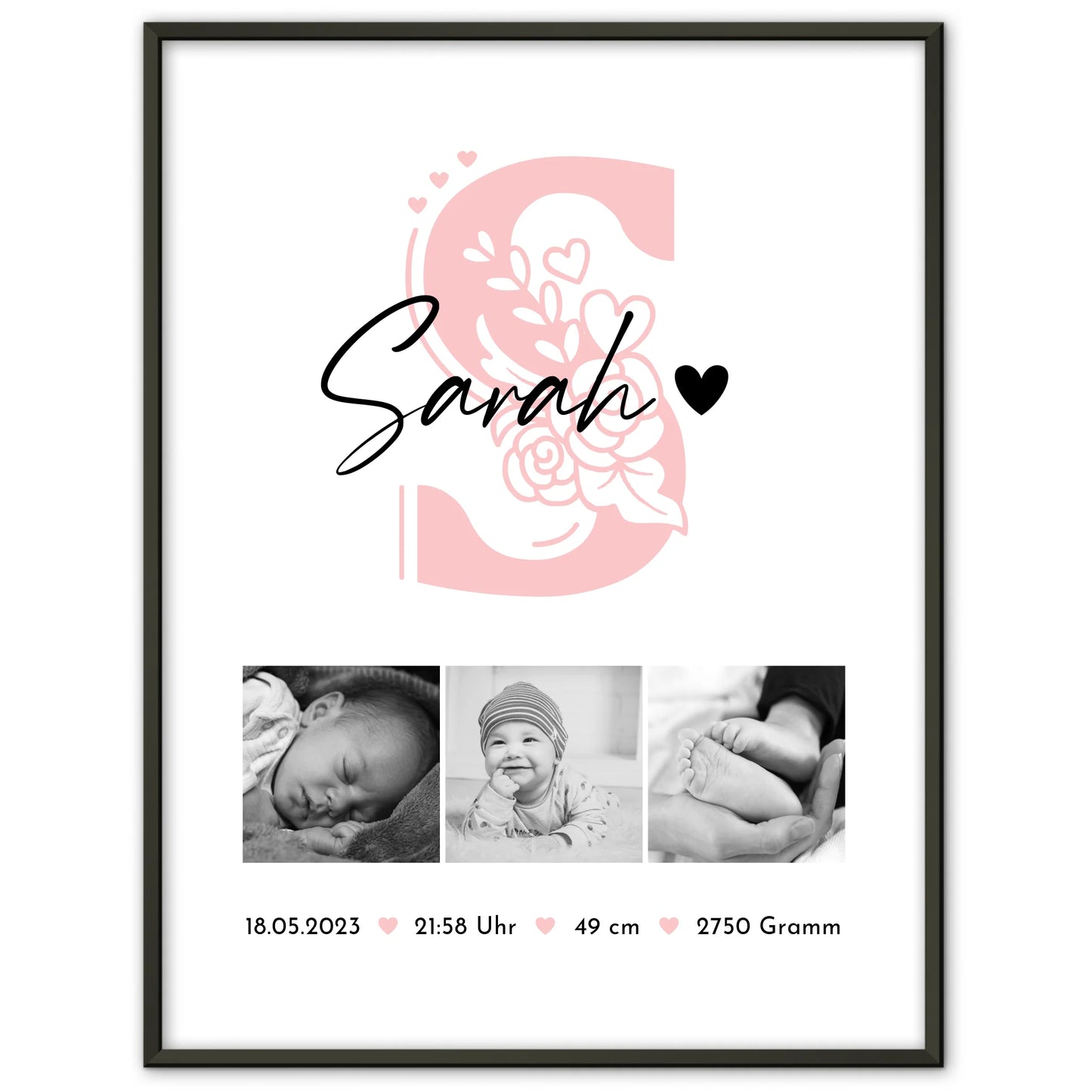 Poster Baby-Geburtsdaten Fotocollage mit Initiale, Schwarz-Weiß, Geschenk zur Geburt 1
