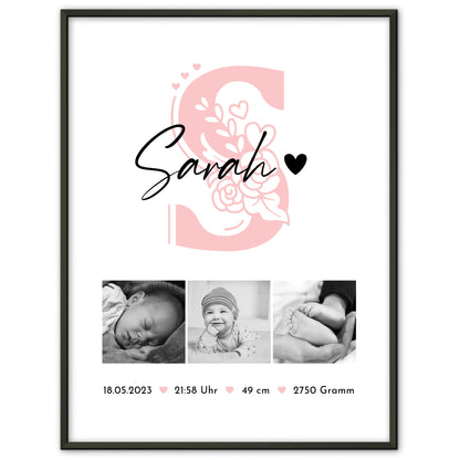 Poster Baby-Geburtsdaten Fotocollage mit Initiale, Schwarz-Weiß, Geschenk zur Geburt 1