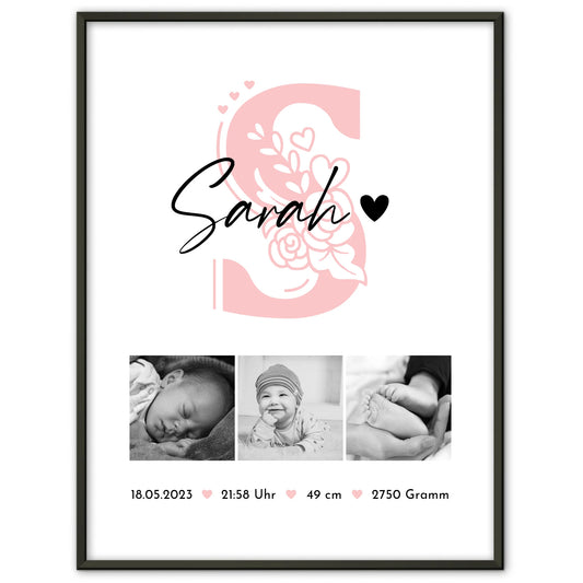 Poster Baby-Geburtsdaten Fotocollage mit Initiale, Schwarz-Weiß, Geschenk zur Geburt 1