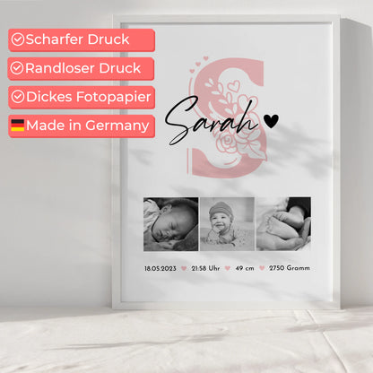 Poster Baby-Geburtsdaten Fotocollage mit Initiale, Schwarz-Weiß, Geschenk zur Geburt 6