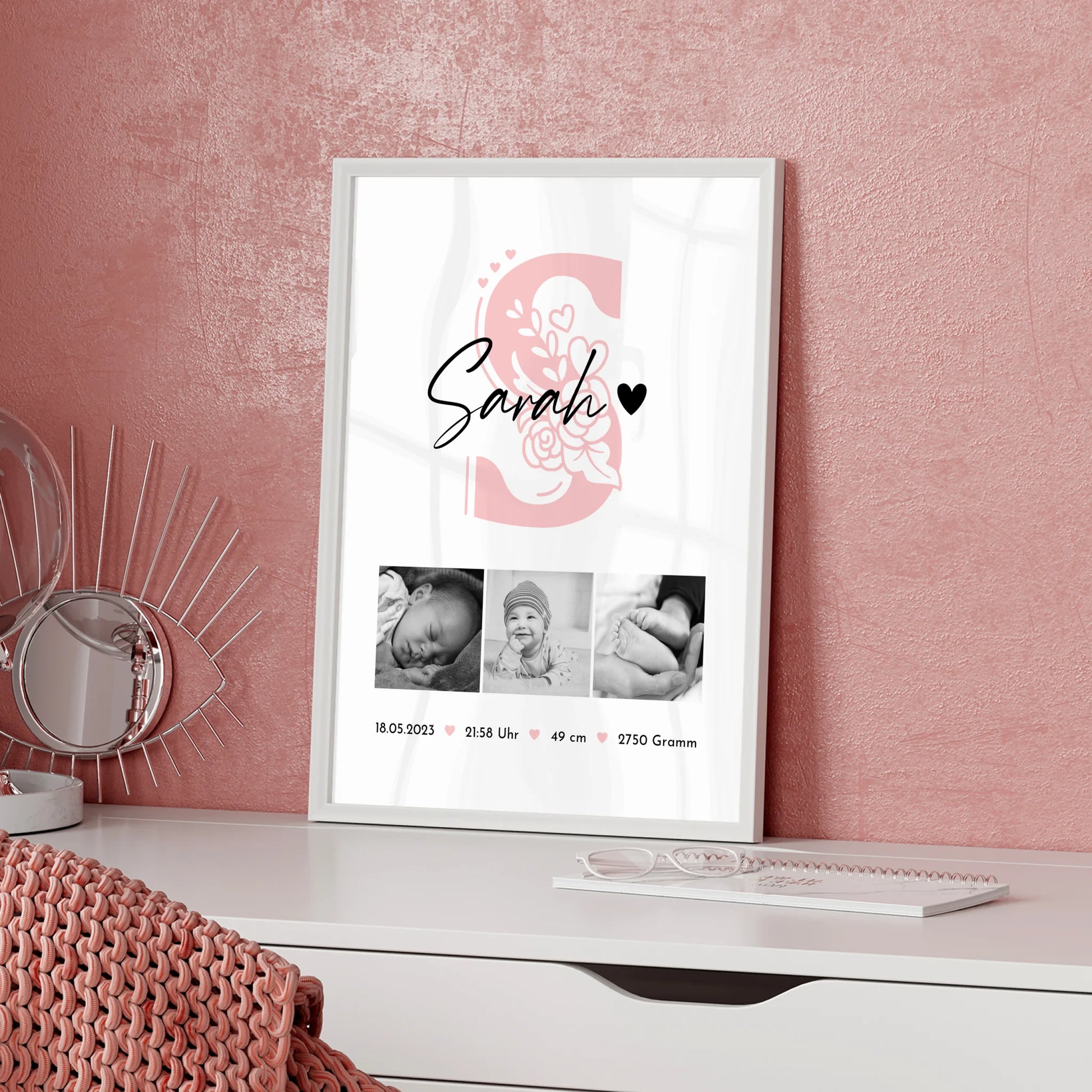 Poster Baby-Geburtsdaten Fotocollage mit Initiale, Schwarz-Weiß, Geschenk zur Geburt 5