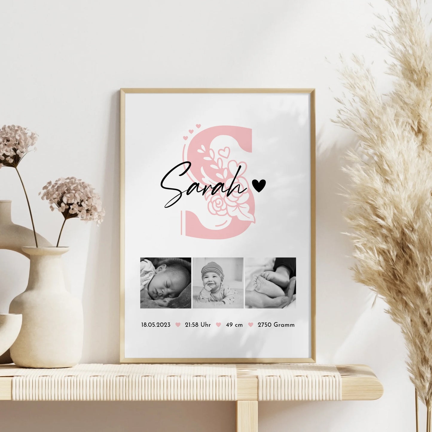 Poster Baby-Geburtsdaten Fotocollage mit Initiale, Schwarz-Weiß, Geschenk zur Geburt 4