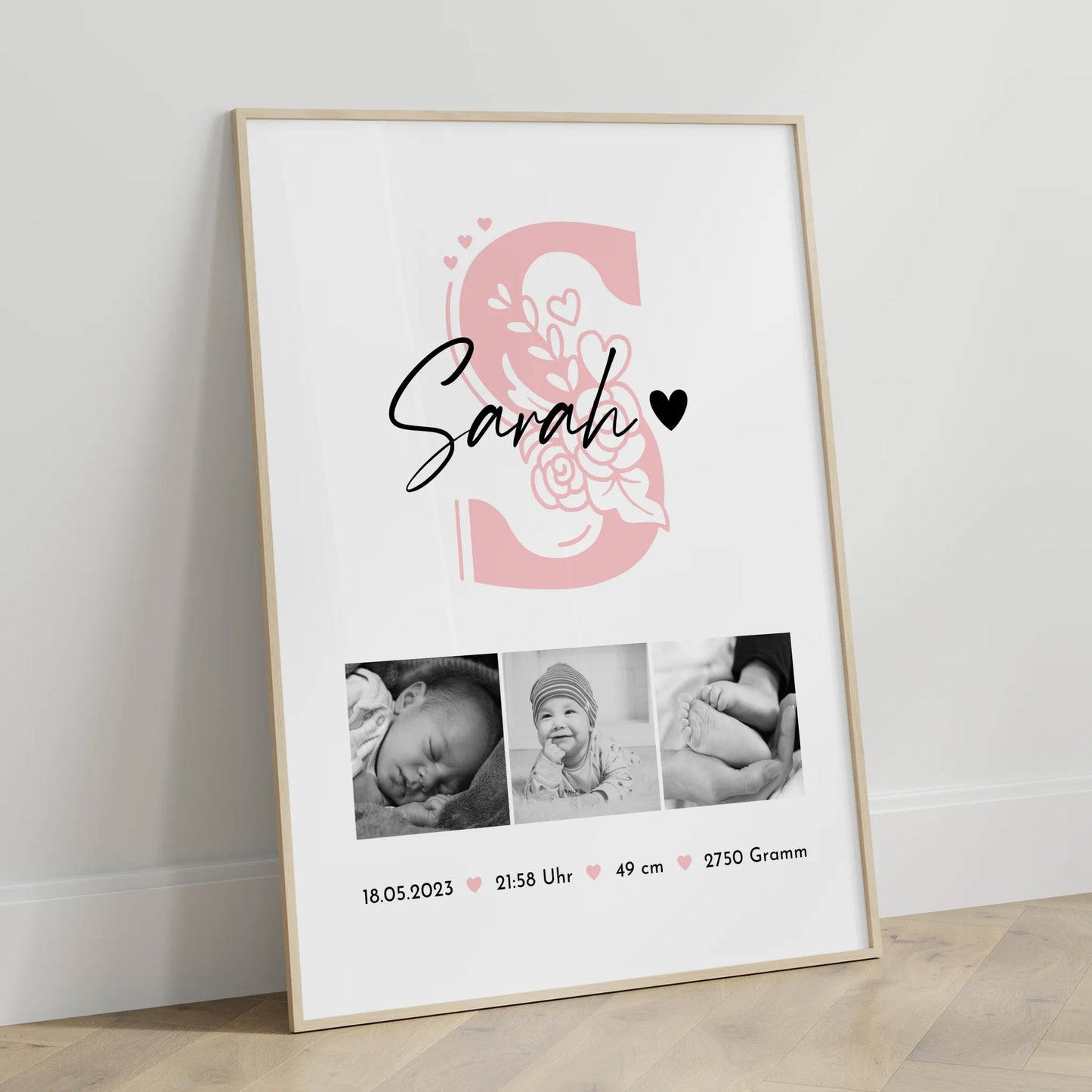 Poster Baby-Geburtsdaten Fotocollage mit Initiale, Schwarz-Weiß, Geschenk zur Geburt 3