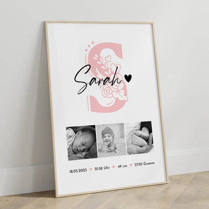 Poster Baby-Geburtsdaten Fotocollage mit Initiale, Schwarz-Weiß, Geschenk zur Geburt 3