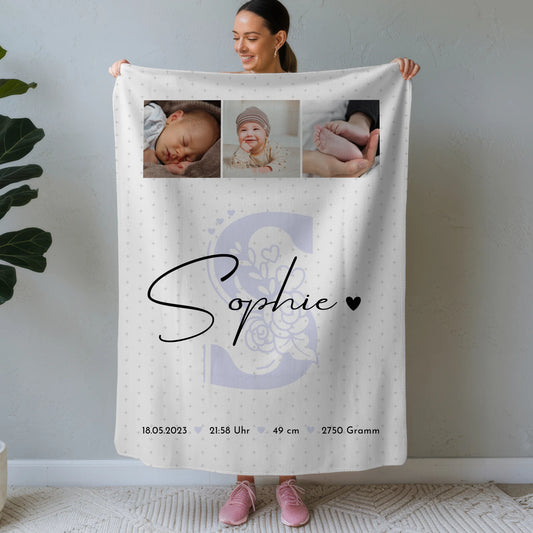 Personalisierte Babydecke mit Namen und Geburtsdaten Baby Geschenk mit Fotos Sternchen Klein Muster 1