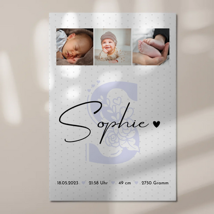 Fotoboard Magnet Poster zur Geburt mit Baby Geburtsdaten Fotos Sternchen Klein Muster