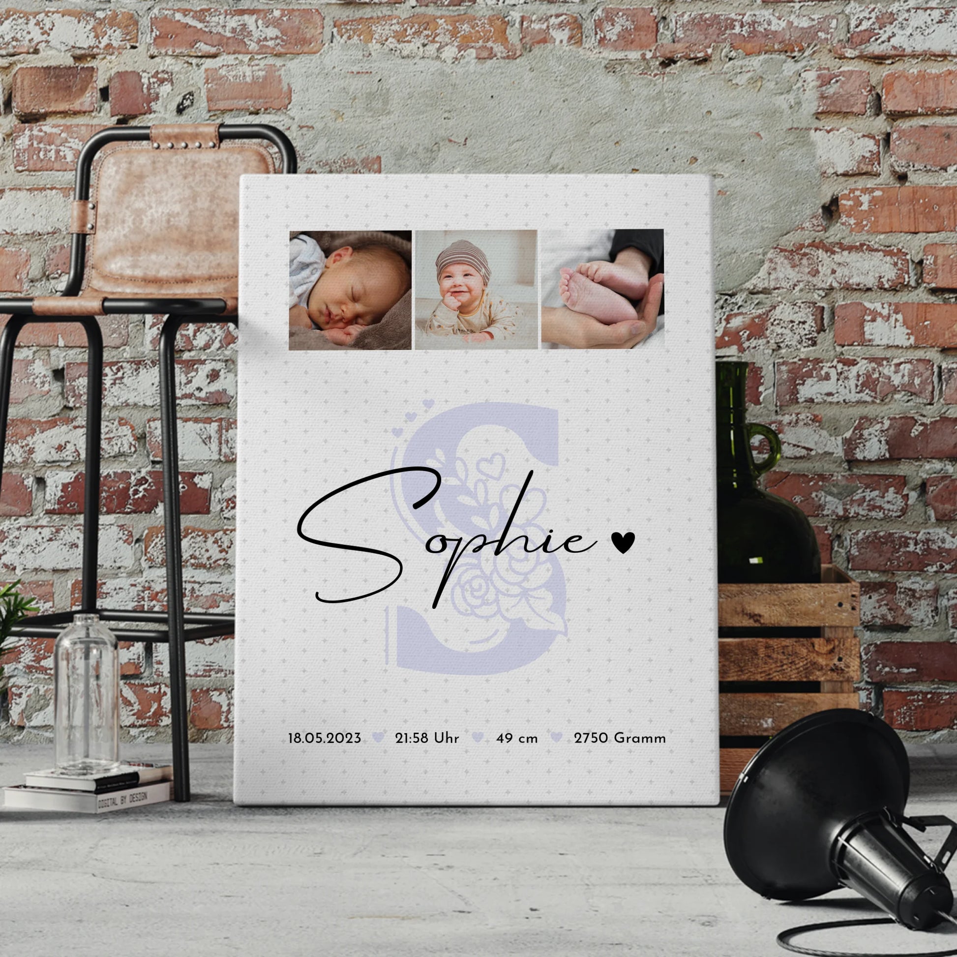 Wandbild Fotocollage zur Geburt mit Baby Geburtsdaten und Fotos Sternchen Klein Muster 4