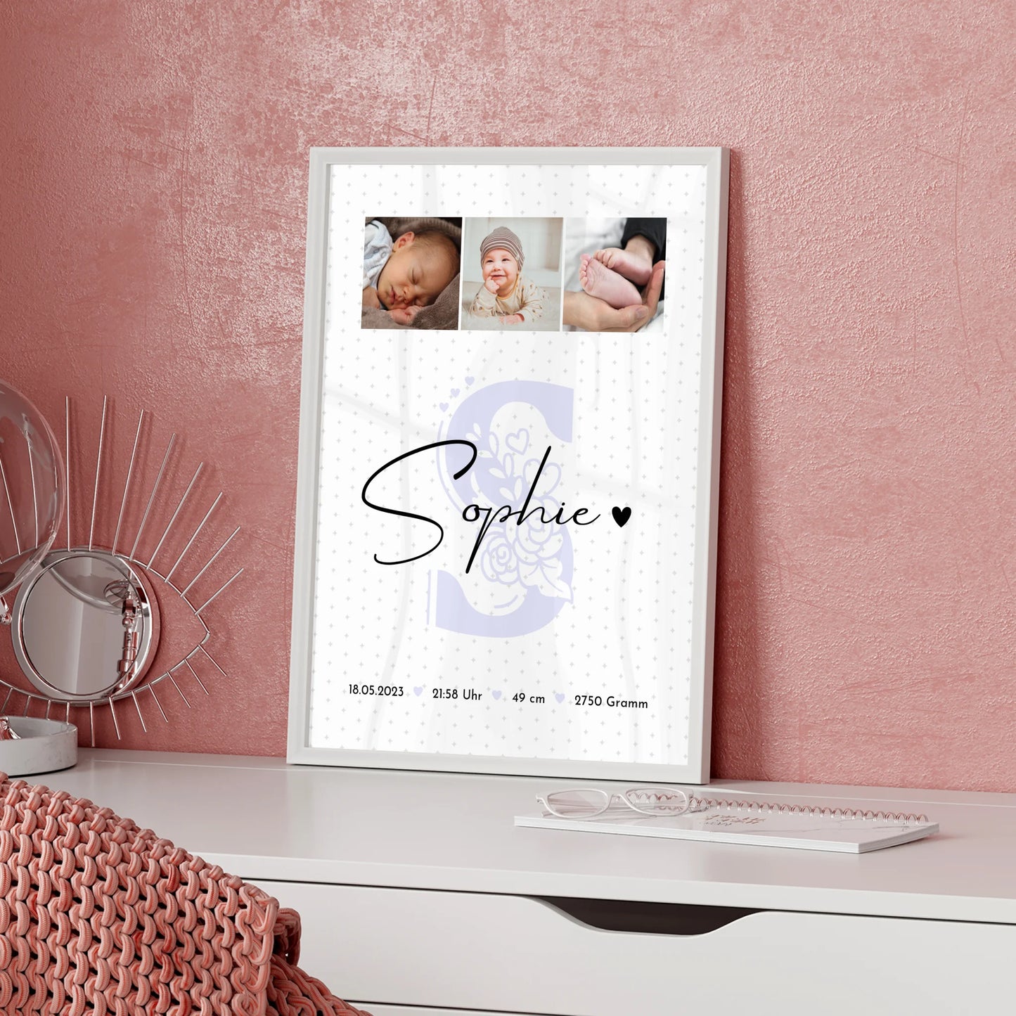 Geburtsdaten Poster mit Fotos für Baby Geburt personalisiert Sternchen Klein Muster Geschenk 5