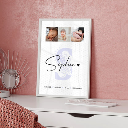 Geburtsdaten Poster mit Fotos für Baby Geburt personalisiert Sternchen Klein Muster Geschenk 5